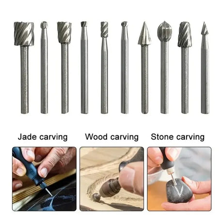 10pc HSS Rotary File Set for DIY Woodworking Engraving Grinding and Drilling, LK-AA54