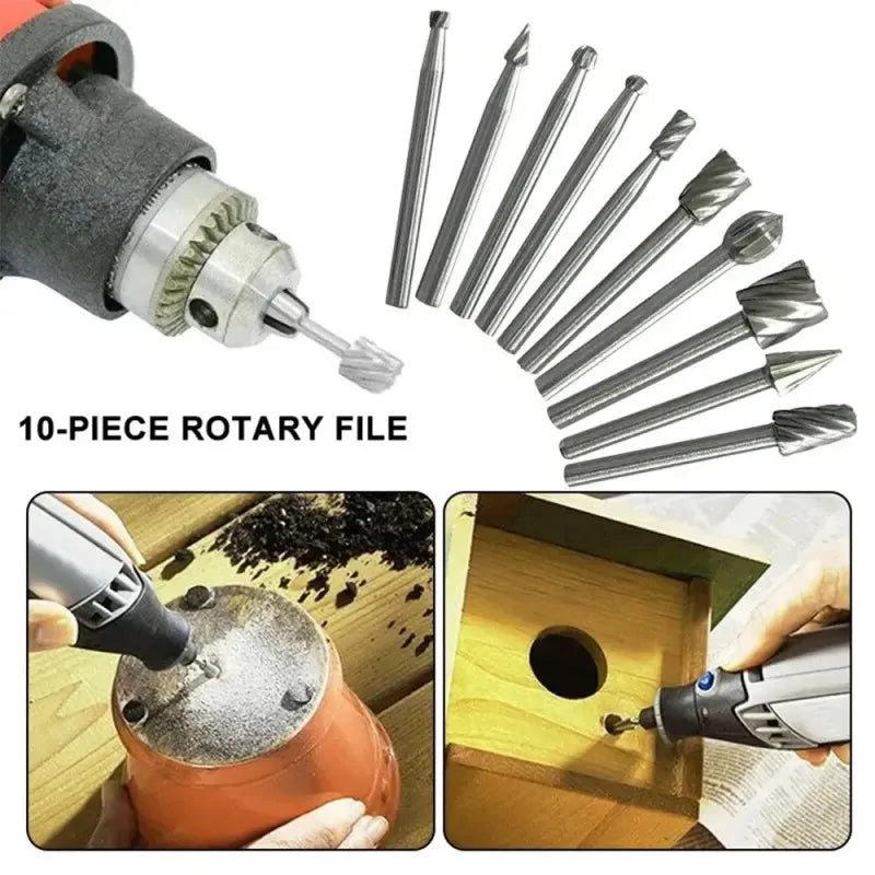 10pc HSS Rotary File Set for DIY Woodworking Engraving Grinding and Drilling, LK-AA54