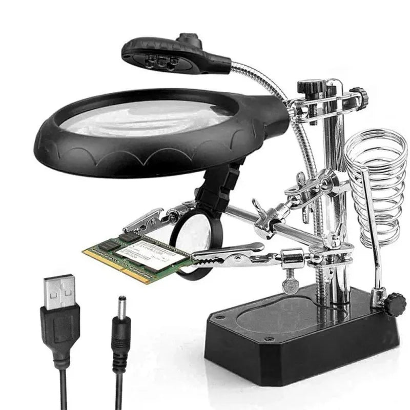  3-in-1 LED Magnifying Glass with Soldering Iron Stand and Auxiliary Clip for Repairs and Welding, LK-AA82