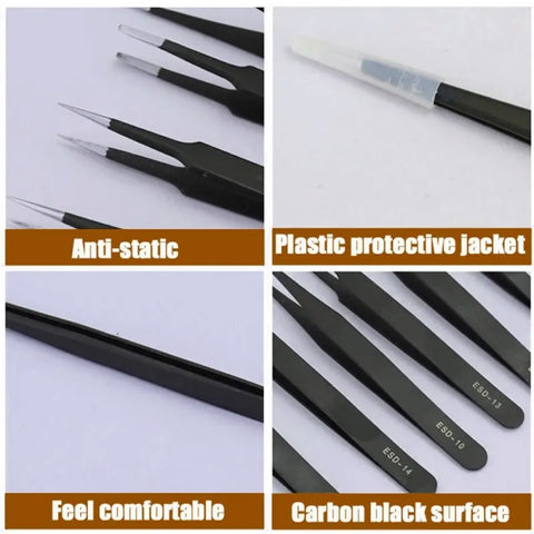 Stainless Steel Precision Anti-Static Tweezers Set with Curved and Straight Tips, LK-TW12