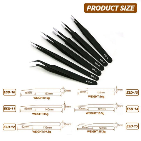 Stainless Steel Precision Anti-Static Tweezers Set with Curved and Straight Tips, LK-TW12