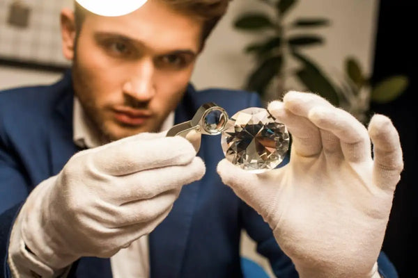 Using a magnifying glass to view gemstones