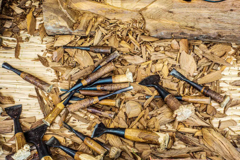 wood carving tools arranged unorderly manner carving wood thailand